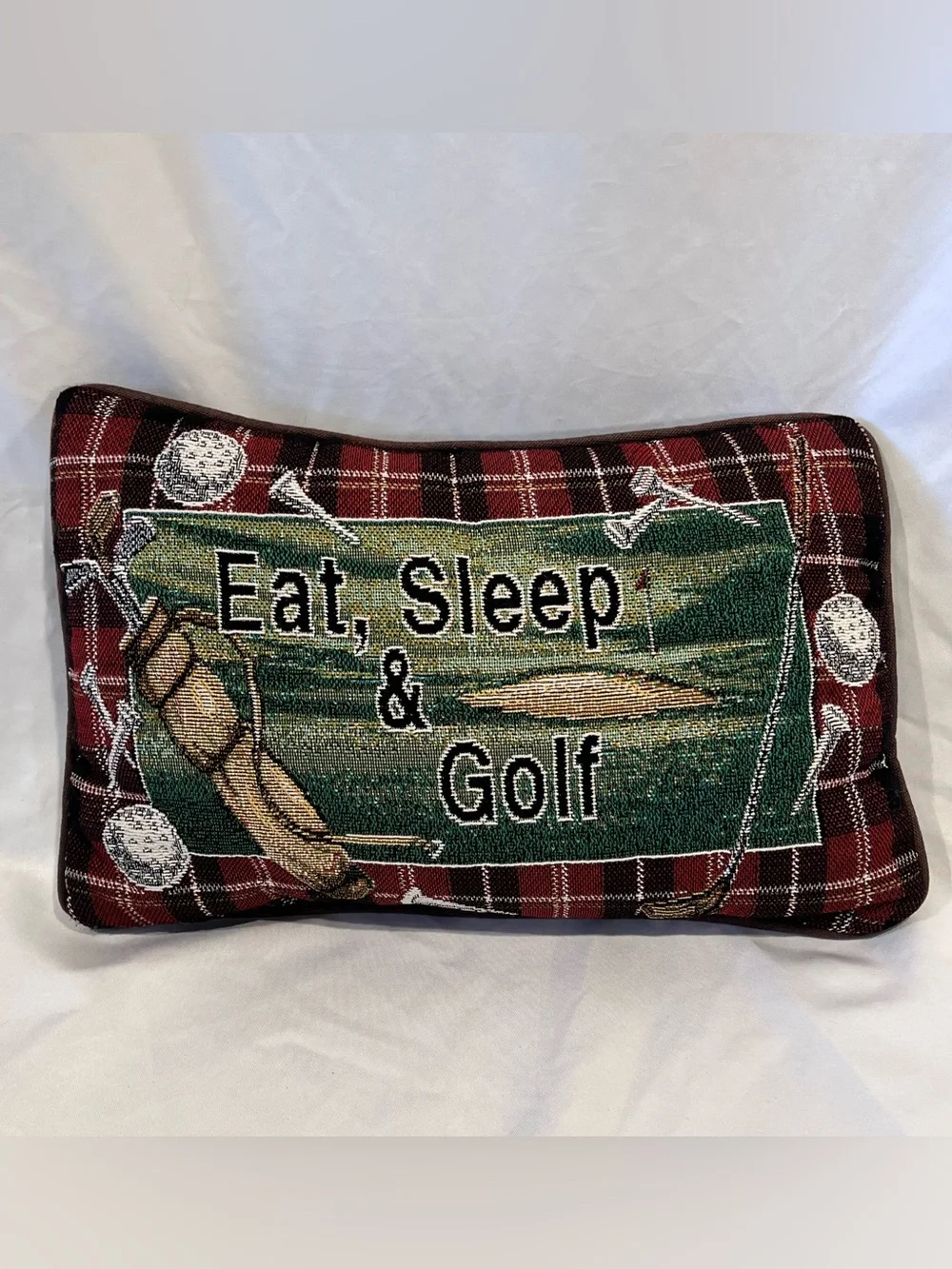 Vintage Eat Sleep & Golf Red Plaid Woven Tapestry Accent Pillow